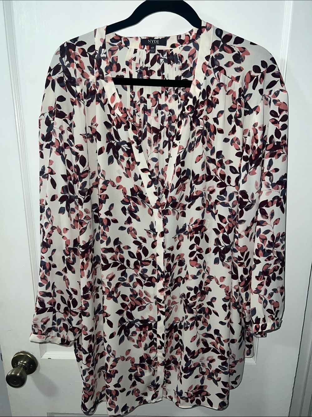 NYDJ Cream Floral-Leaf Button Front Tunic in Pink and Brown SZ 4X